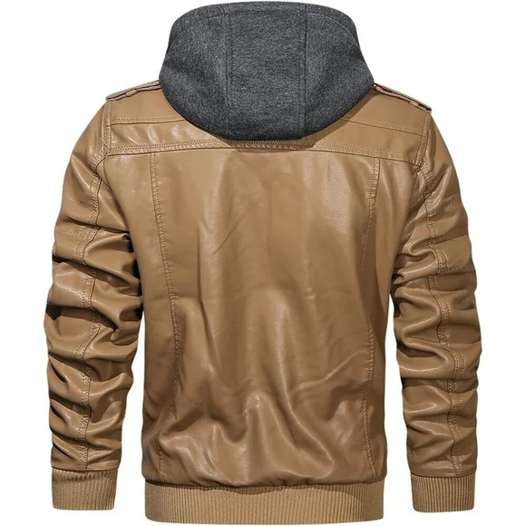 Men’s Stand Collar PU Faux Khaki Leather Zipper Motorcycle Bomber Jacket - Picture 3 of 6